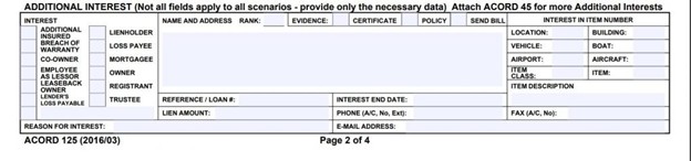 Additional interest section listing various interest types, including mortgagees and lienholders, with name, address, and reference details for commercial insurance.