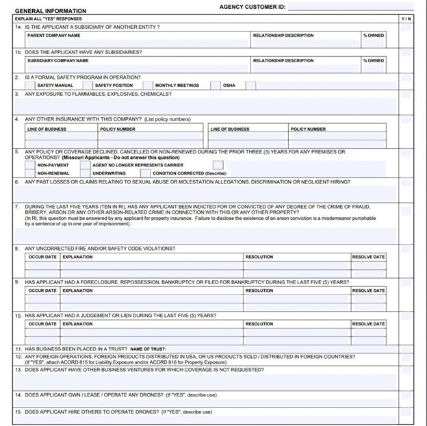 General information section with 15 yes/no questions about subsidiaries, safety programs, prior coverage, claims, and any exposures or legal issues.
