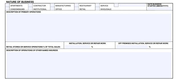 Nature of business section capturing the business type (apartments, contractor, manufacturing, etc.), description of operations, and date the business started.