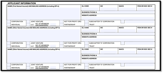 Acord 125 Policy information section showing proposed effective and expiration dates, billing and payment plan details, and annual audit indicators.