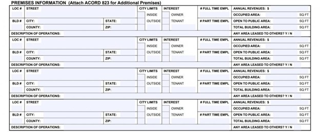 Acord 125 Premises information section capturing building location, occupant/owner status, annual revenues, square footage, and leased area details for commercial insurance.