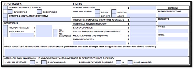 ACORD 126 form highlighting commercial general liability coverage, policy limits, deductibles, and endorsements for business insurance policies