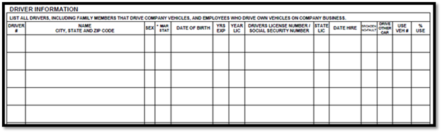 ACORD 163 driver information schedule detailing name, date of birth, license data, years of experience, and vehicle usage percentage for each commercial auto driver.