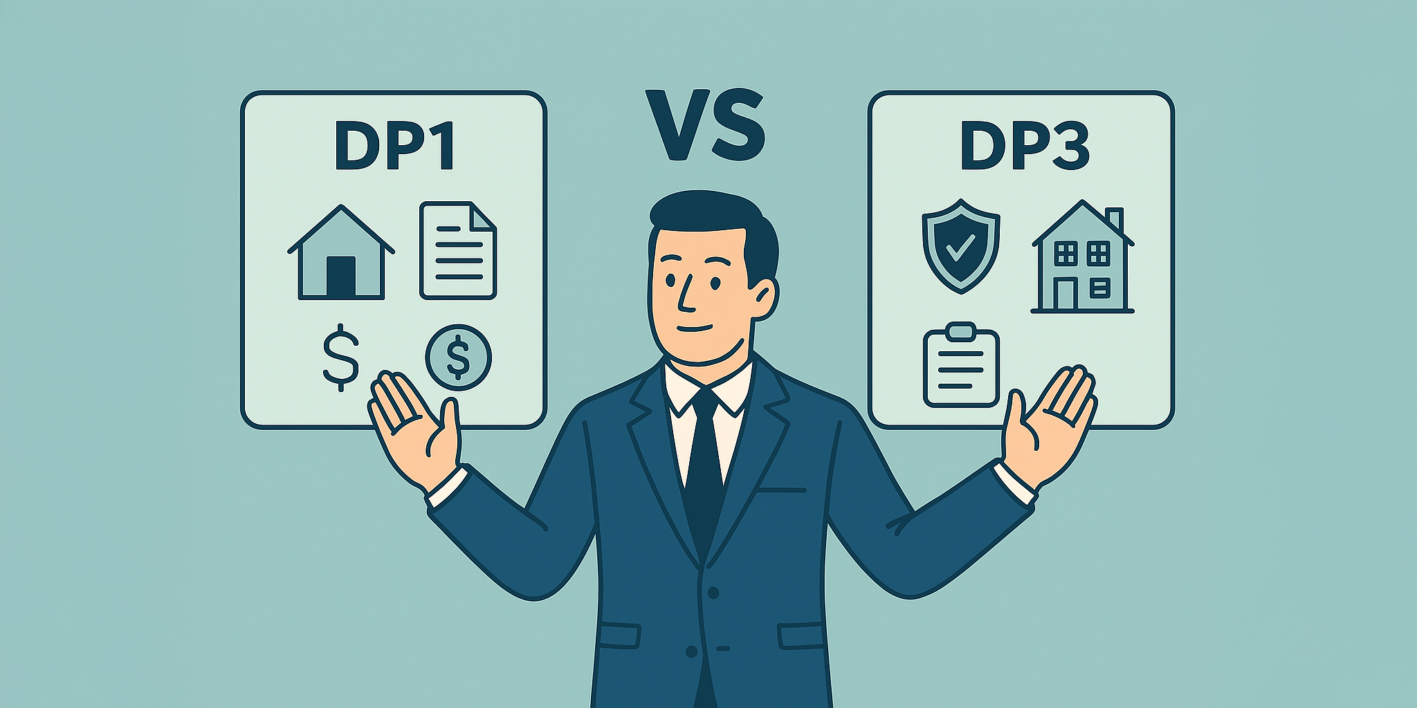 Flat-style illustration showing a man in a navy-blue suit standing between two columns labeled DP1 and DP3. He raises his hands toward each side, symbolizing comparison. The DP1 side includes simple icons of a house, document, and dollar sign, while the DP3 side features a shield, checklist, and a more detailed home, all set against a teal background to visually represent the differences between the two policy types.