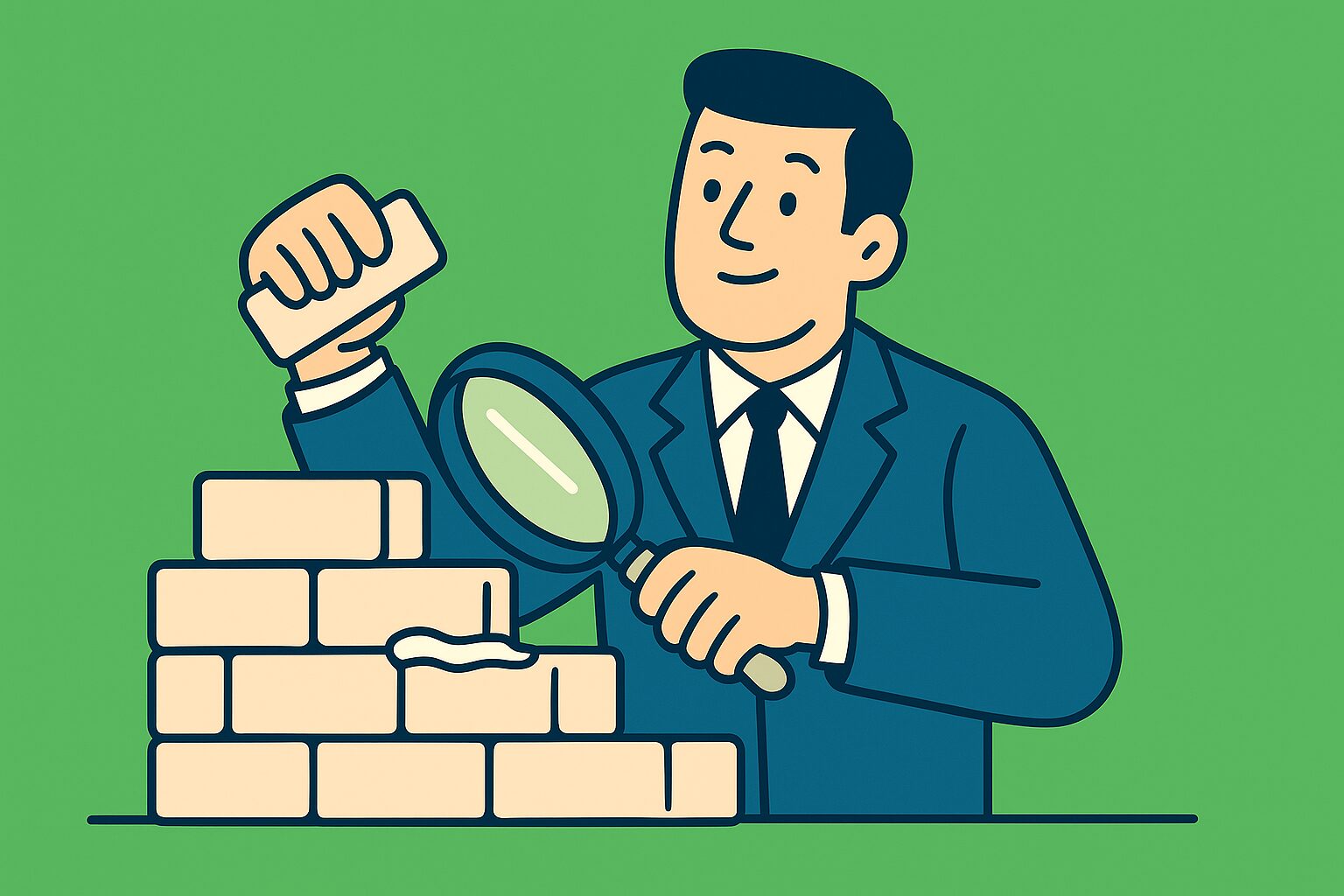 He holds a brick in one hand and a trowel with a magnifying glass in the other, inspecting the mortar. The green background reinforces the theme of preparation and growth before launching a marketing campaign.