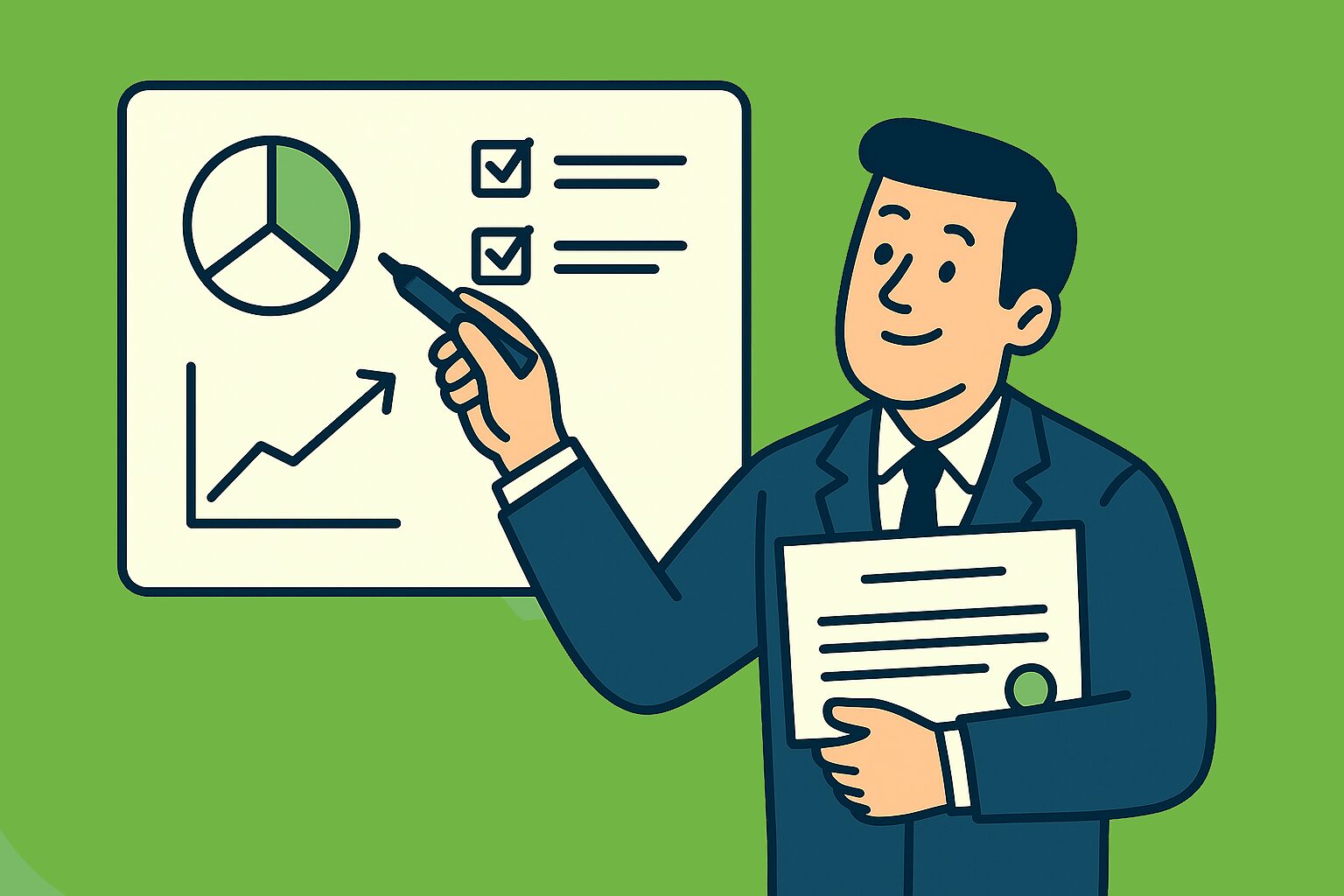 He points to an upward-trending line graph, alongside icons of a pie chart and checklists. The background is solid green, representing growth, analysis, and continuous improvement in an insurance agency marketing strategy.