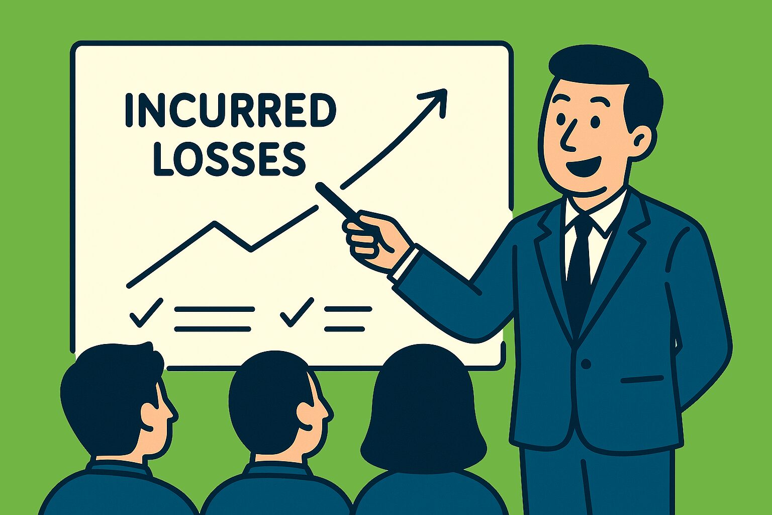 A flat-style digital illustration of a professional insurance agent standing in front of a whiteboard, educating a group of clients seated in an audience about incurred losses and how they impact insurance claims.
