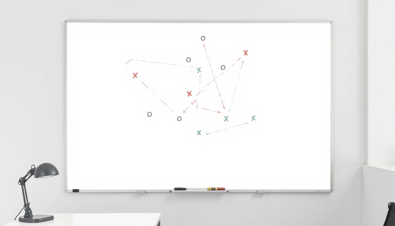 Insurance agency valuation strategy shown as a football play diagram on a whiteboard.