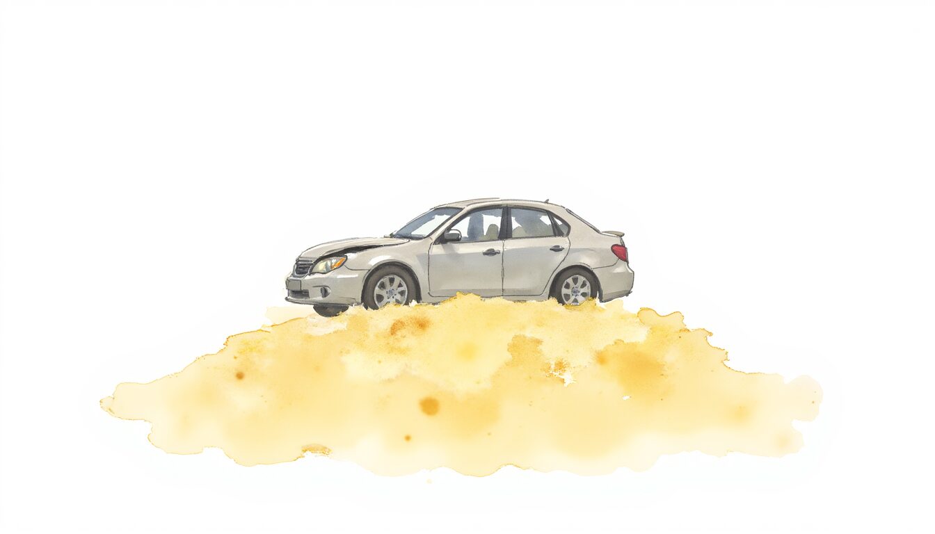 Incurred but not reported shown by a damaged car on a pile of gold coins.