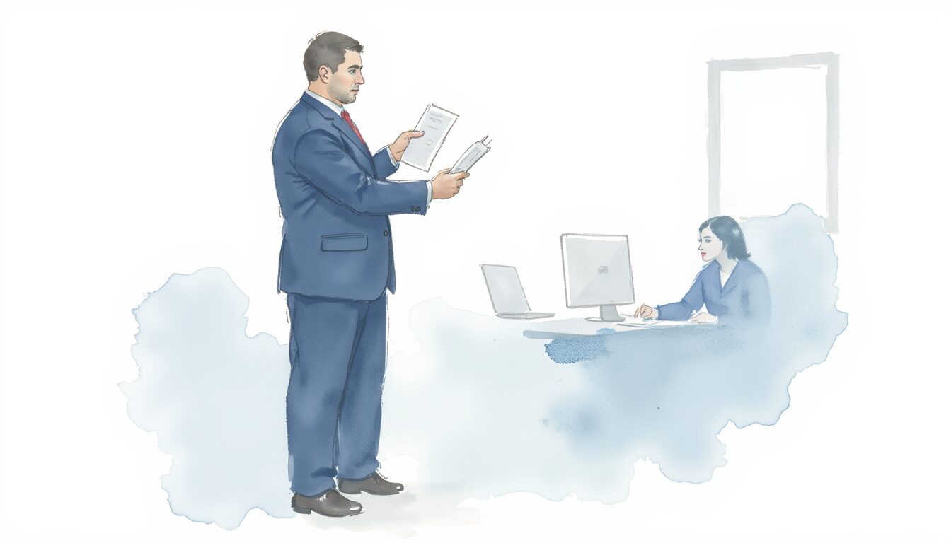 CG 00 01 shown by a business person comparing documents in an office background.