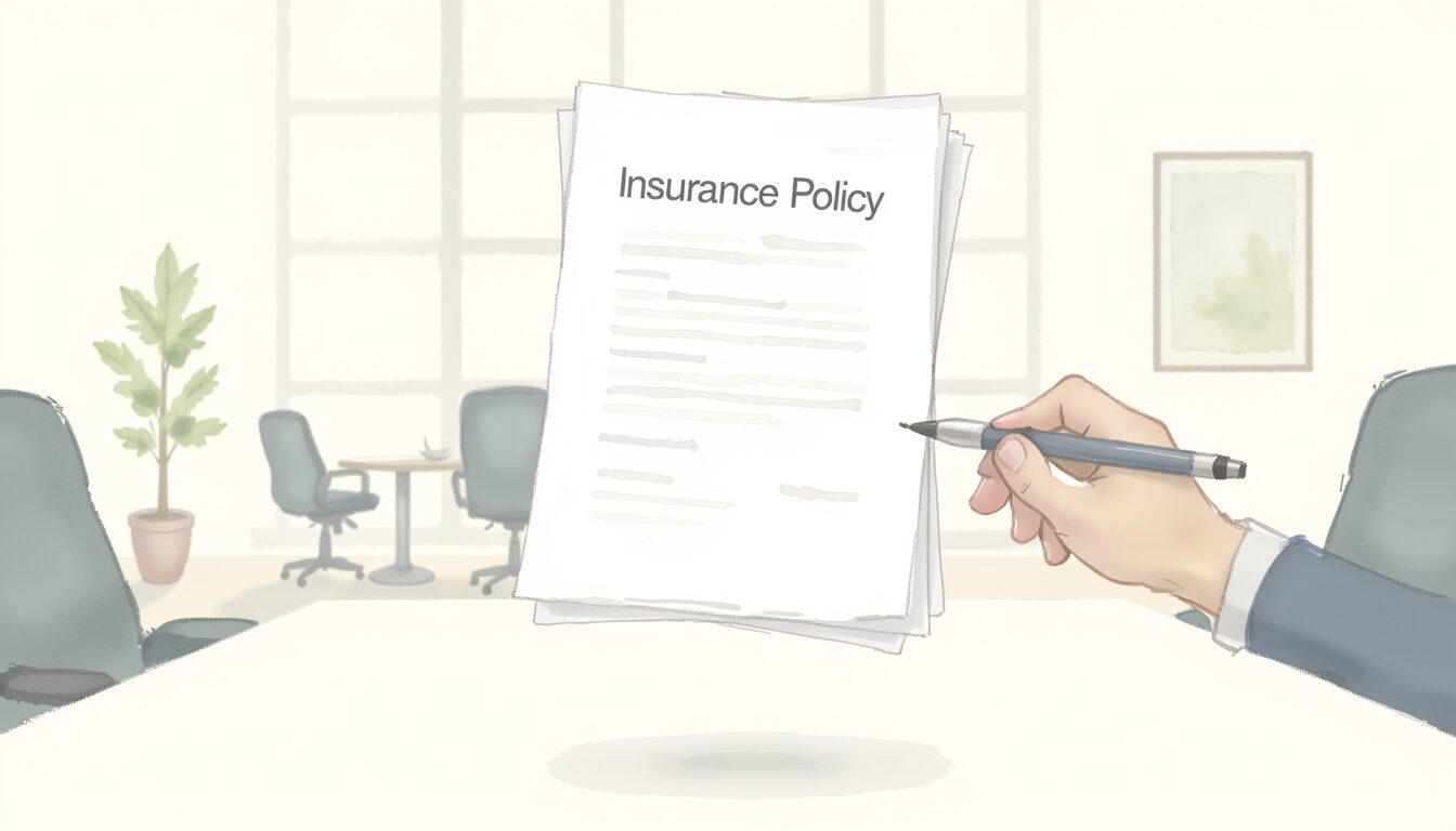 Insurance endorsement shown by a policy being signed in mid air with an office background.