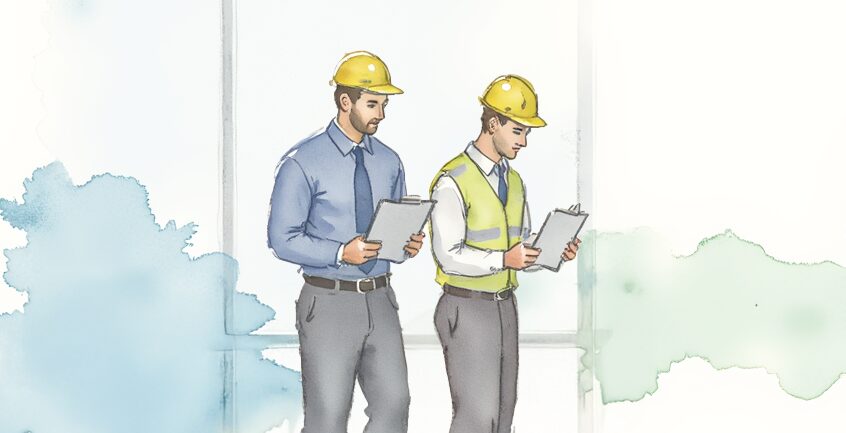 QCLS designation shown with an insurance agent working with a construction worker in an office.