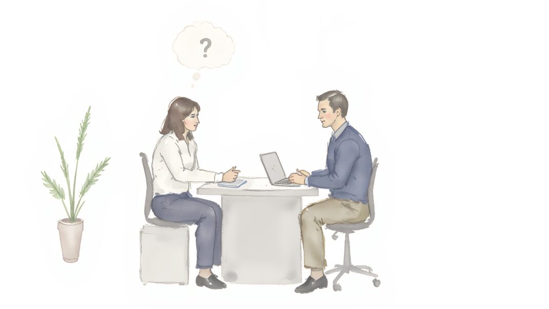 Waiver of Subrogation context shown by a client asking questions in an office with thought bubbles.