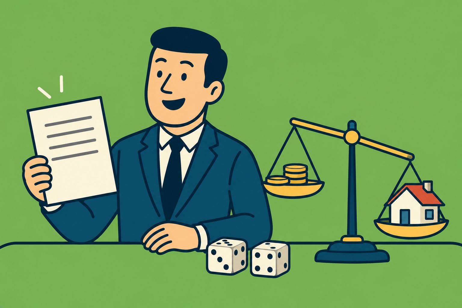 Illustration of an insurance professional holding a policy next to a balance scale that weighs coins against a house, with dice on the desk, showing the chance element of an aleatory contract.