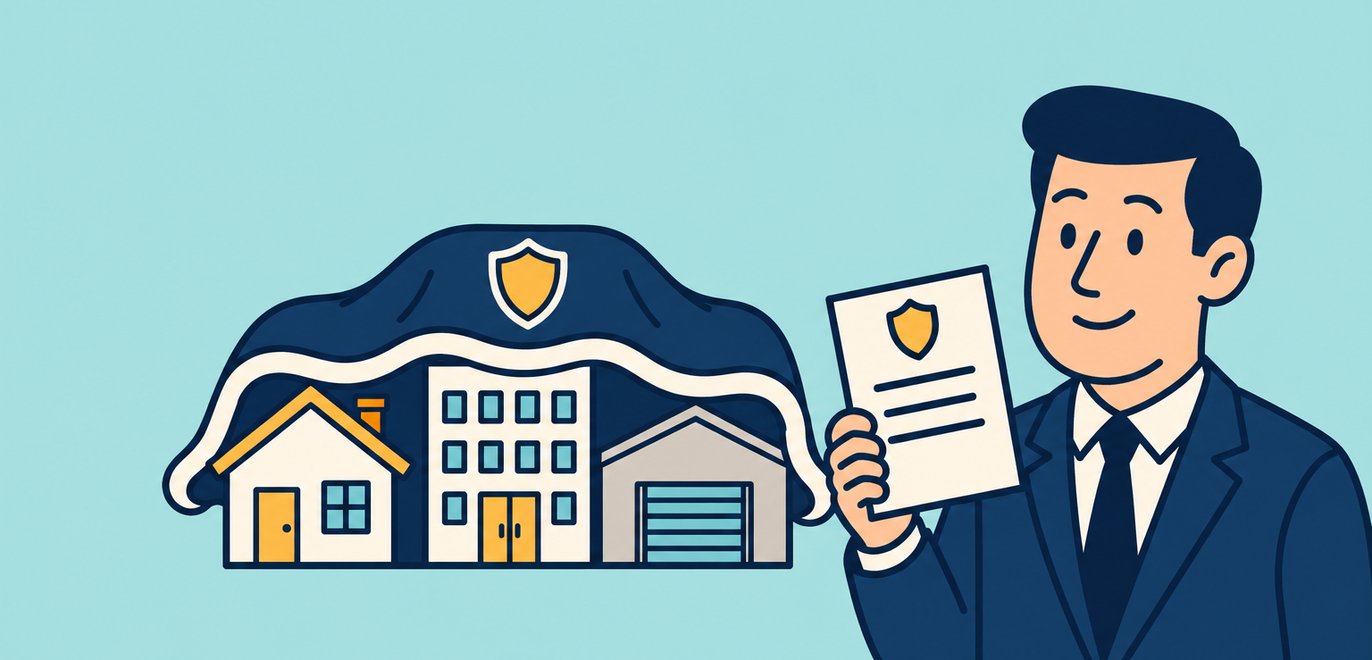Illustration of one blanket insurance policy covering a house, an office building and a warehouse, with an insurance professional holding the policy.
