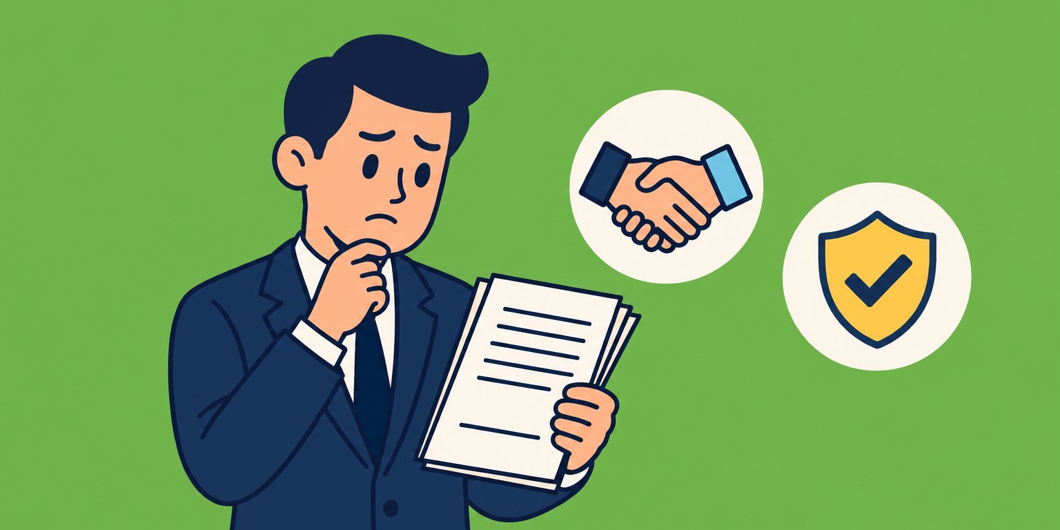 Illustration of a thoughtful insurance professional reading a contract, with a handshake icon and a shield with a check mark for contractual liability coverage.