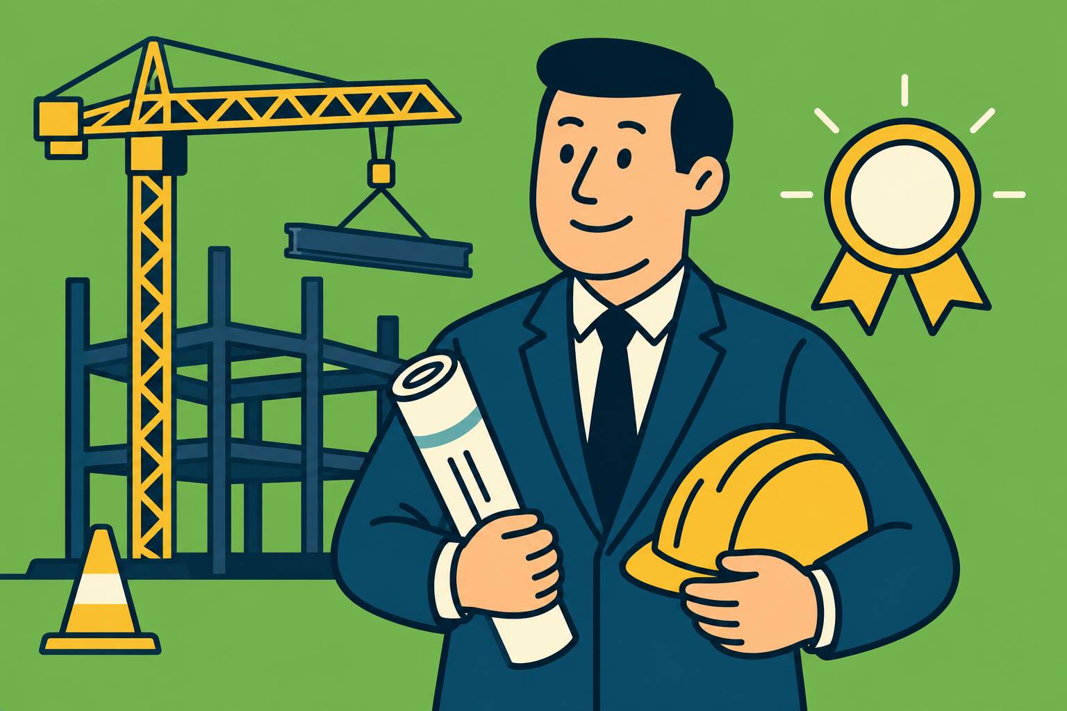 Illustration of an insurance professional holding blueprints and a hard hat in front of a construction crane and building frame, with an award ribbon for the CRIS designation.