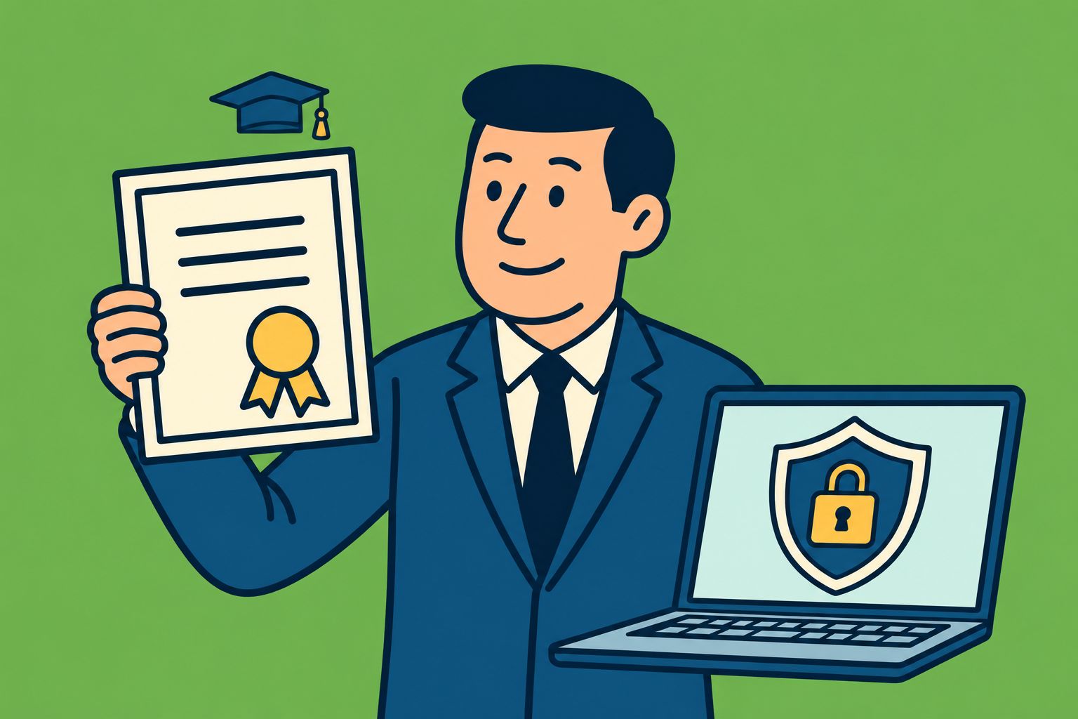 Illustration of an insurance professional holding a designation certificate next to a laptop that shows a cyber security shield and padlock.