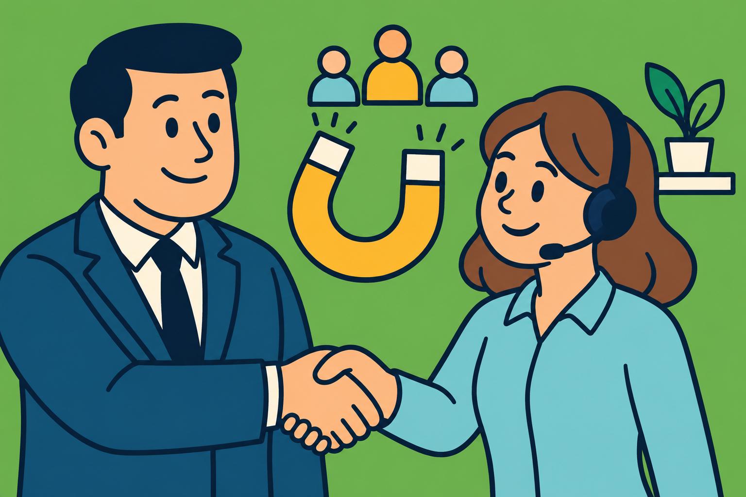 Illustration of a manager shaking hands with a smiling customer service representative in a headset, with a magnet that holds a small team together.