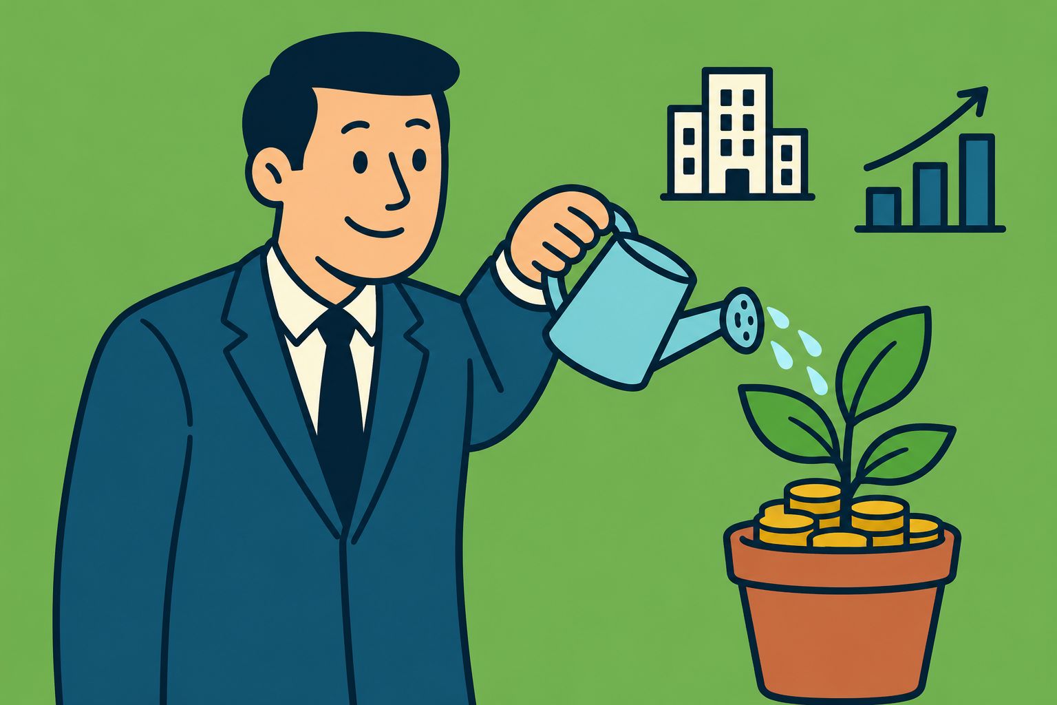 Illustration of an agency owner watering a plant that grows from a pot of coins, with an office building and a rising bar chart, showing agency growth.