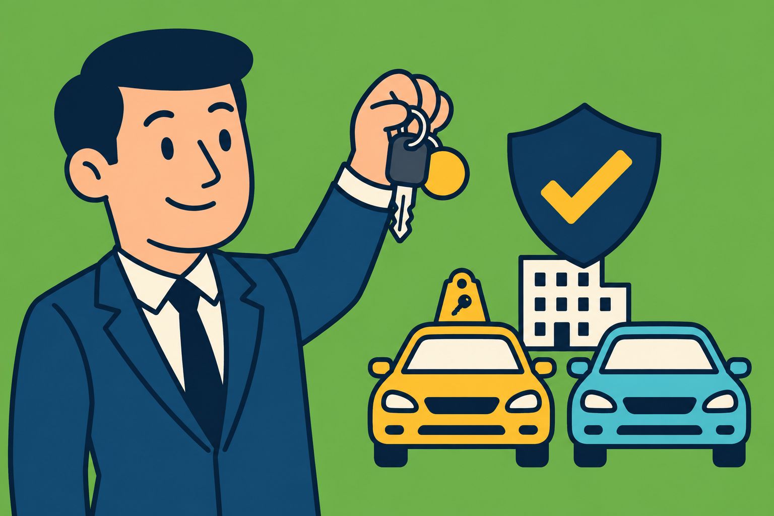 Illustration of a businessman holding car keys next to a rental car and an employee's car, with an office building and a shield with a check mark.