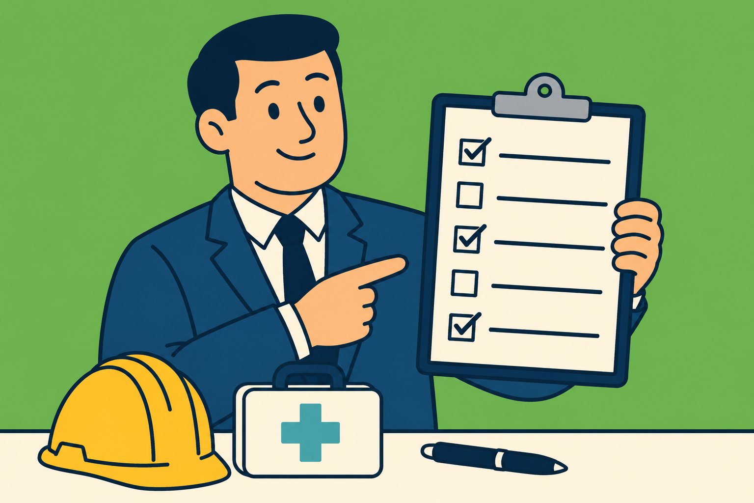 Illustration of an agent pointing to a workers' compensation application on a clipboard, with a hard hat, a first-aid kit and a pen on the desk.