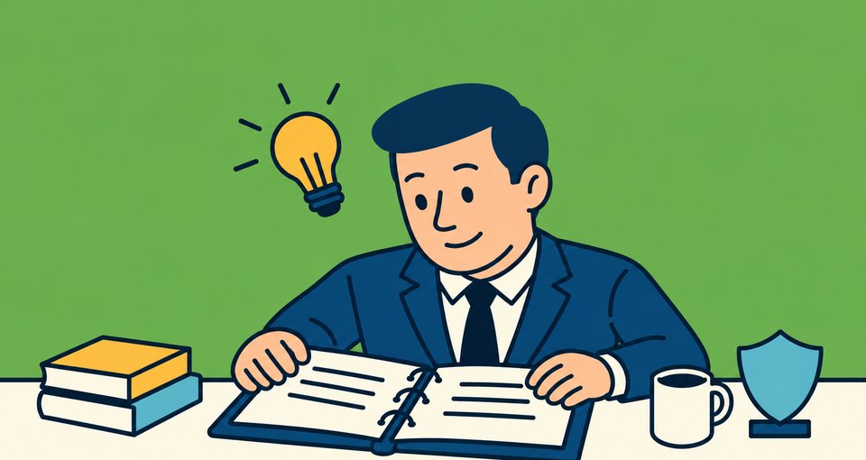 Illustration of a new hire studying an insurance binder at a desk, with books, a coffee mug, a shield and a lightbulb.