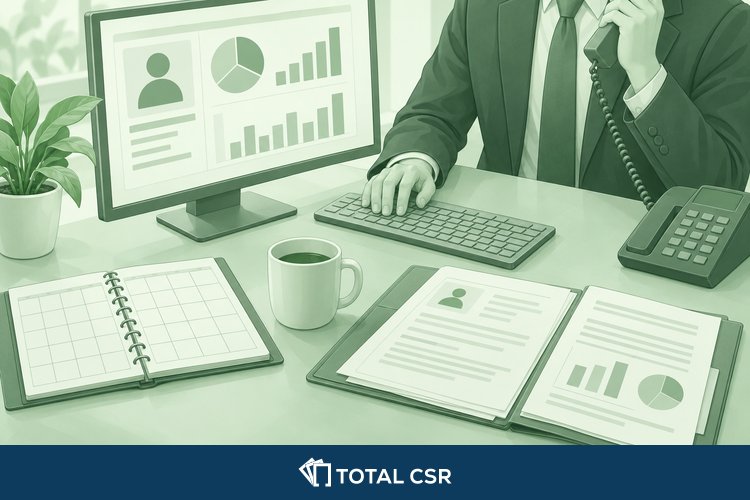 Insurance account manager at a desk with a computer that shows a client profile and charts, a phone, a planner and client files.