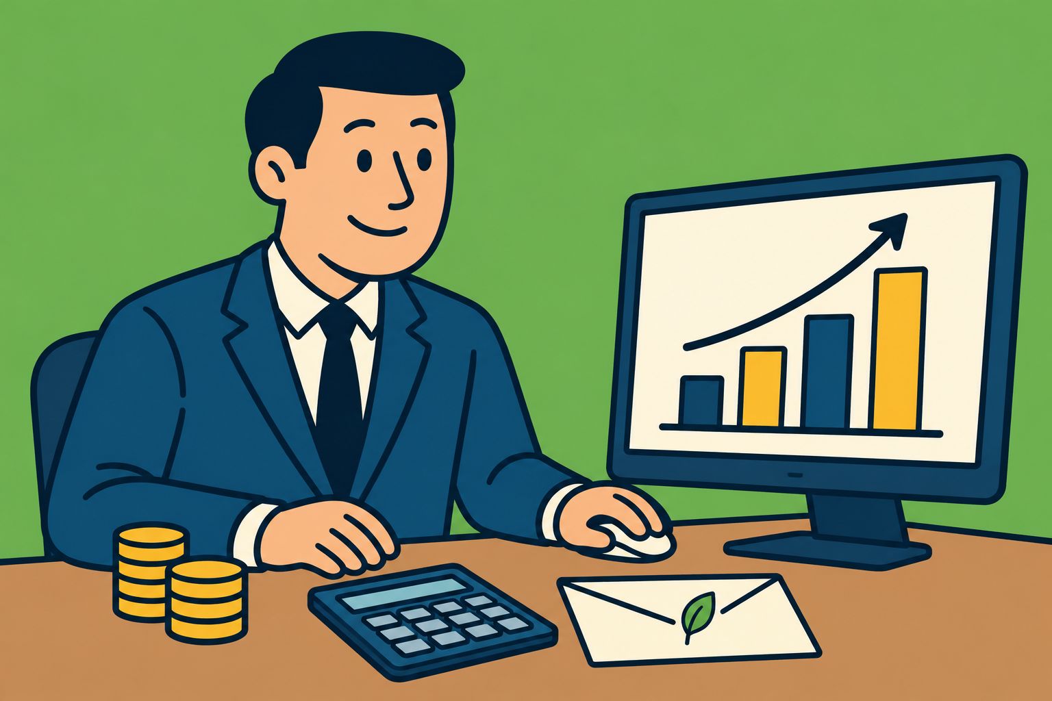 Illustration of an account manager smiling at a rising pay chart on his computer, with gold coins, a calculator and a pay envelope on the desk.