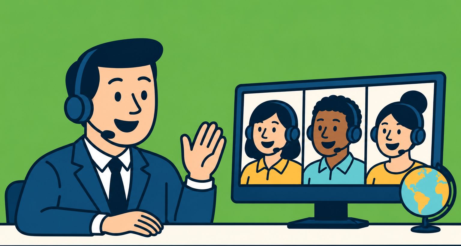 Illustration of an agency team member with a headset waving to three outsourced team members on a video call, with a globe beside the screen.