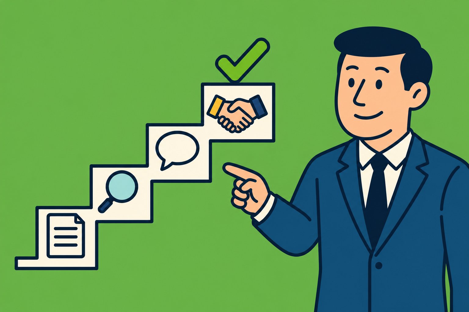 Illustration of a manager pointing to a staircase of hiring steps: an application, a candidate search, an interview and a handshake with a check mark.