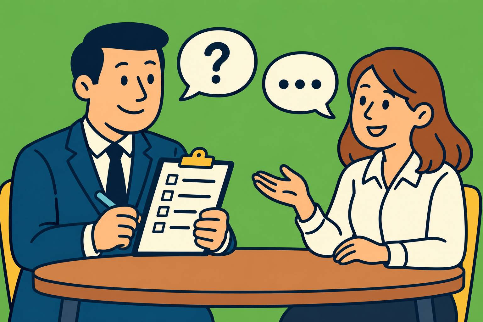 Illustration of a hiring manager with a clipboard asking interview questions to a smiling job candidate across a table.