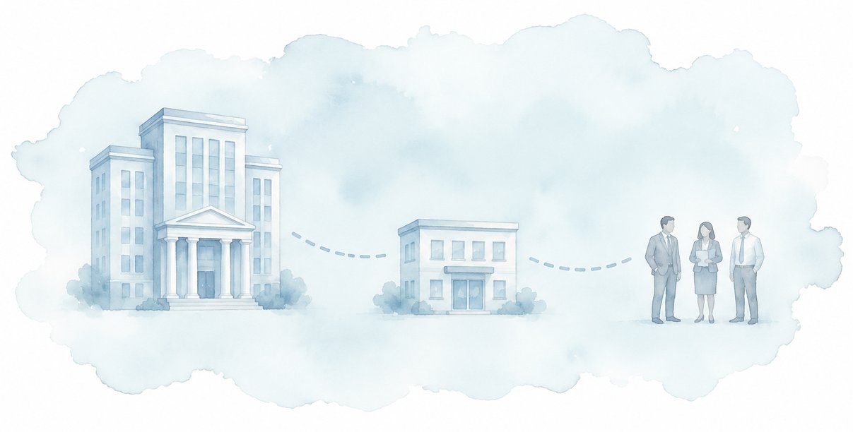 Watercolor illustration of an insurance carrier's office building linked by a dotted line to a smaller MGA office and a group of agents.