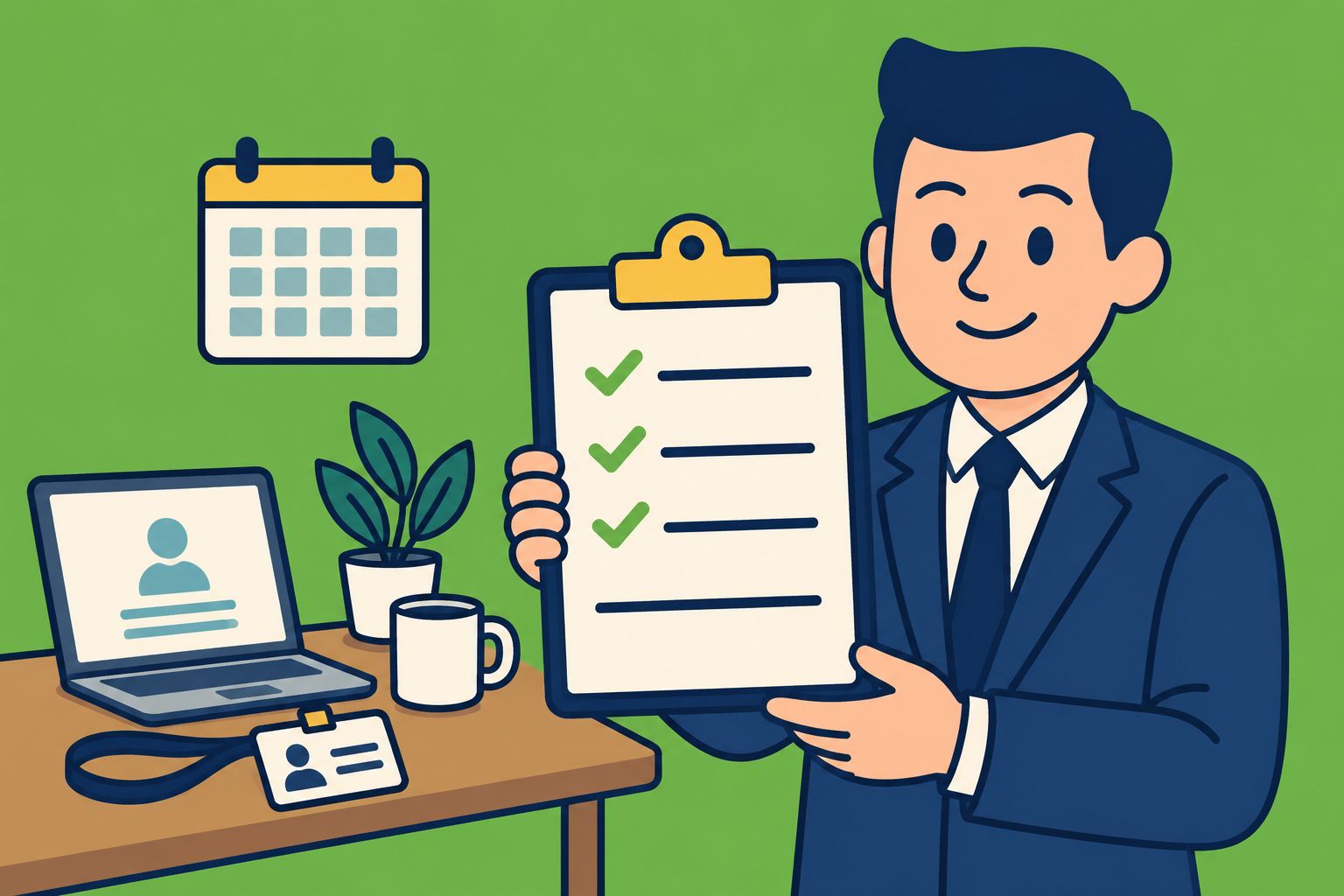 Illustration of a manager holding a completed onboarding checklist next to a desk with a laptop, a new employee badge, a coffee mug and a calendar.