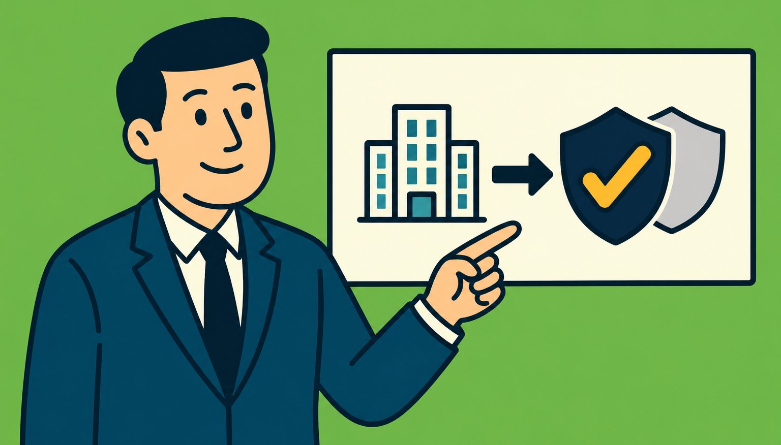 Illustration of an insurance professional pointing to a board that shows a building, an arrow and a primary shield with a check mark in front of a second shield.