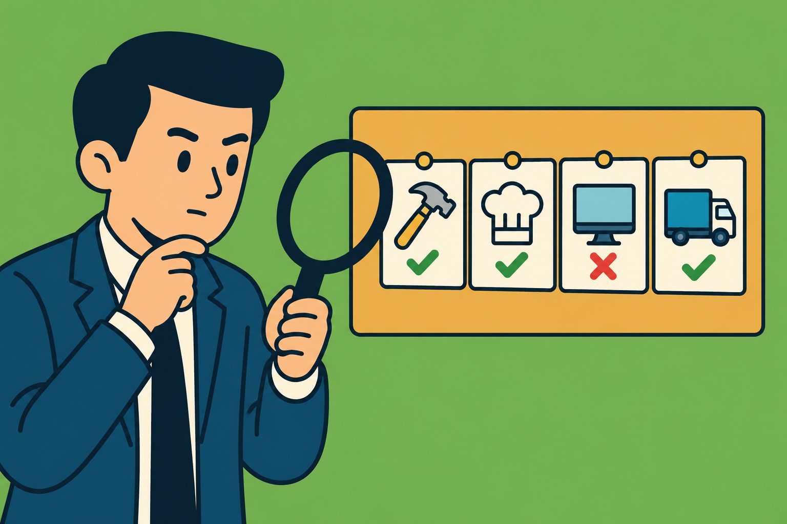 Illustration of a broker using a magnifying glass to check workers' compensation class code cards for a contractor, a restaurant, an office and a trucking business.
