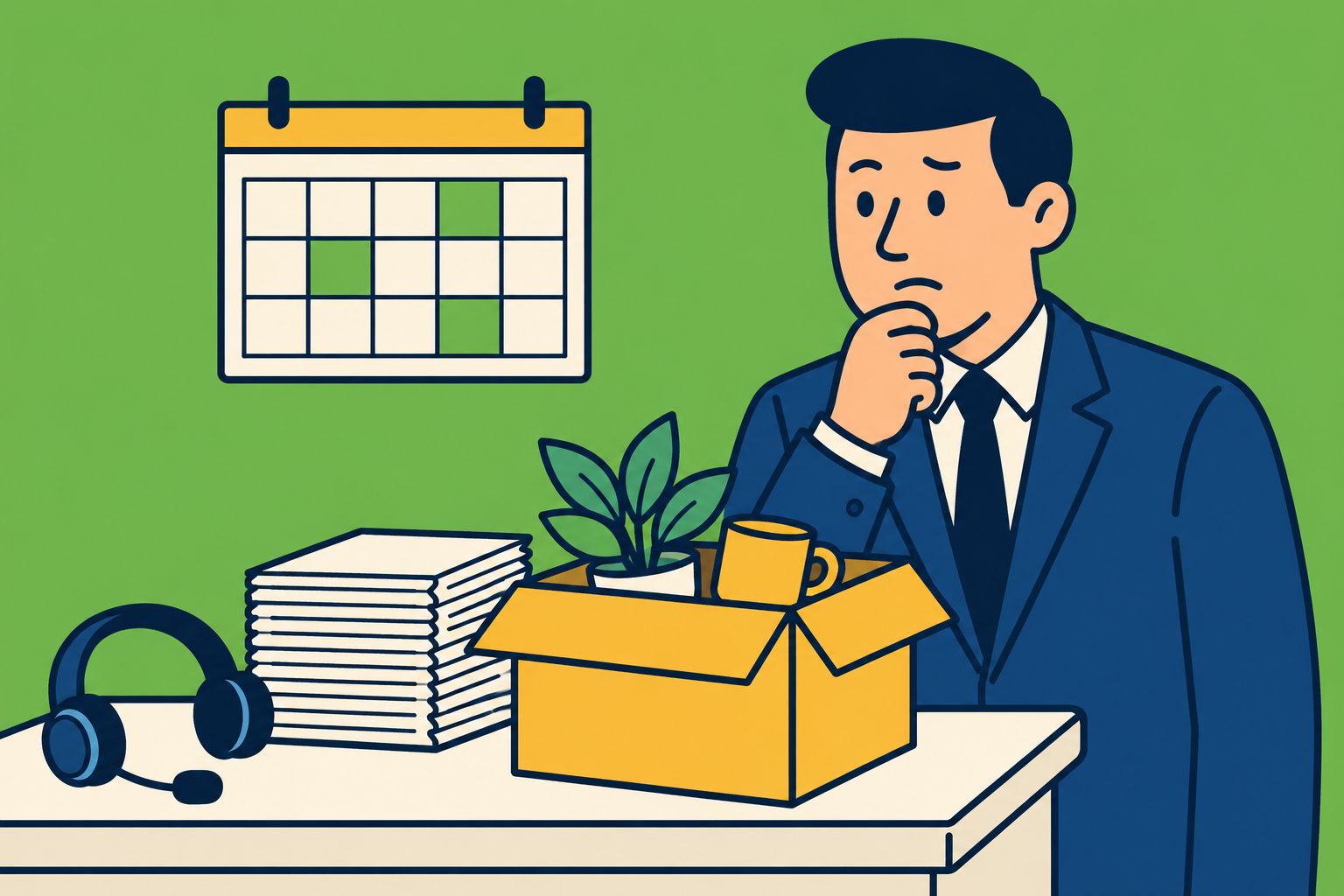 Illustration of a worried manager next to a desk with a packed box, a headset, a stack of papers and a calendar.