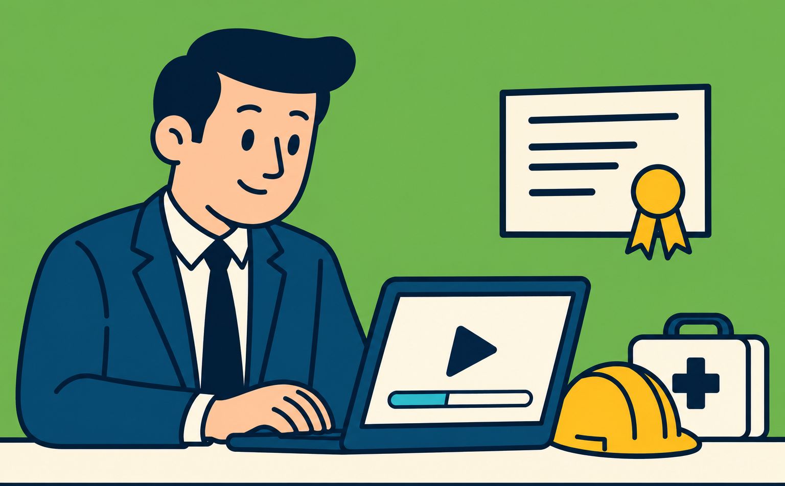 Illustration of an insurance professional taking an online workers' compensation training video, with a certificate, a hard hat and a first aid kit.