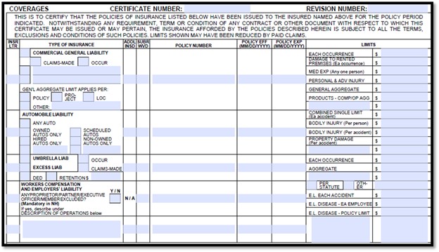 ACORD 25 coverage section illustrating commercial general liability, auto, umbrella, and workers’ comp fields for additional insured status, subrogation waiver, policy numbers, and limits.