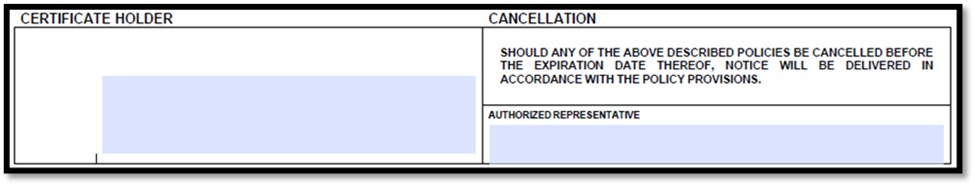 ACORD 25 certificate holder and cancellation section showing space for holder information, mailing address, and authorized representative's signature.