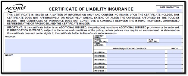 ACORD 25 Certificate of Liability Insurance form displaying producer and insured information, along with carrier details in labeled sections.