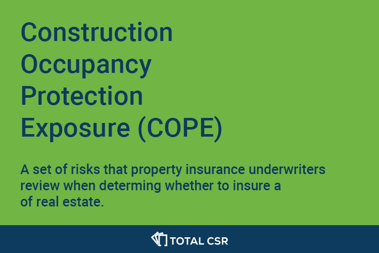 Illustration explaining COPE Insurance—Construction, Occupancy, Protection, and Exposure—key factors in property insurance underwriting.