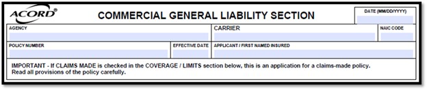 ACORD 126 commercial general liability section displaying Agency details, Effective Date, and the First Named Insured fields on the policy form.