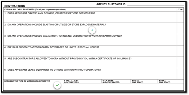 Contractors section asking about design plans, explosives, excavation work, subcontractor coverage, and equipment leasing details.