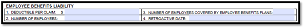 ACORD 126 form's Employee Benefits Liability section detailing deductible per claim, number of employees, covered employees, and retroactive date.