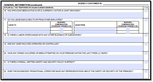 general information continued section with questions on joint ventures, employee leasing, labor interchange, security incidents, and safety policies.