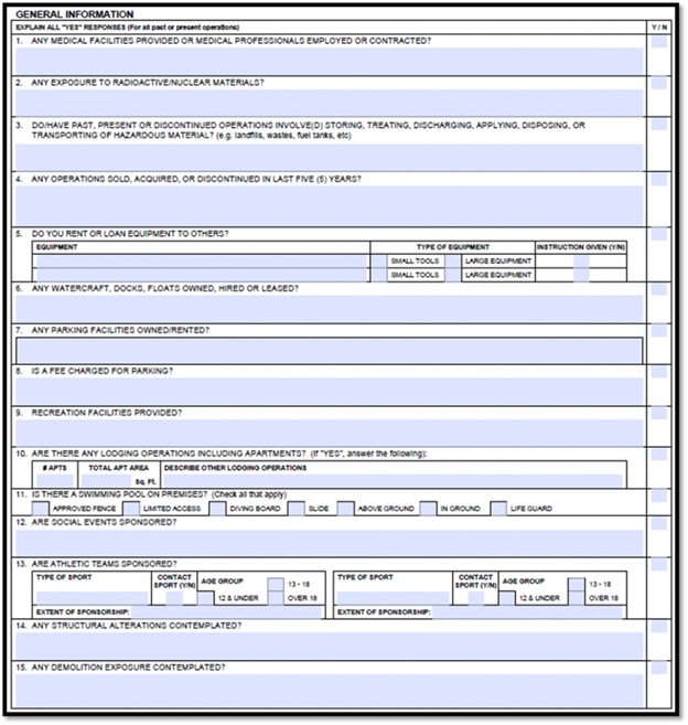 general information section with 22 questions on hazardous materials, lodging operations, sporting events, and more, requiring explanations for any “yes” responses.