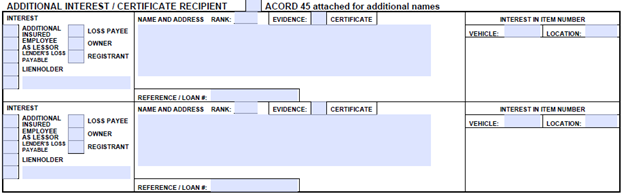 ACORD 127 additional interest/certificate recipient section showing fields for interest type, name, address, and vehicle details for lienholders or additional insured parties.