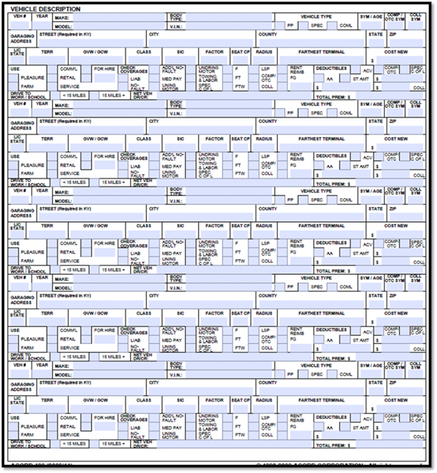 ACORD 129 form listing vehicle descriptions, year, make, model, VIN, garaging address, coverage options, and deductibles for commercial auto insurance.