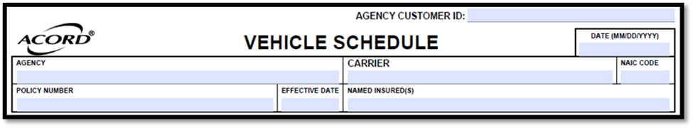 ACORD 129 vehicle schedule form showing fields for Agency Name, Named Insured, Policy Number, Effective Date, and Carrier details.